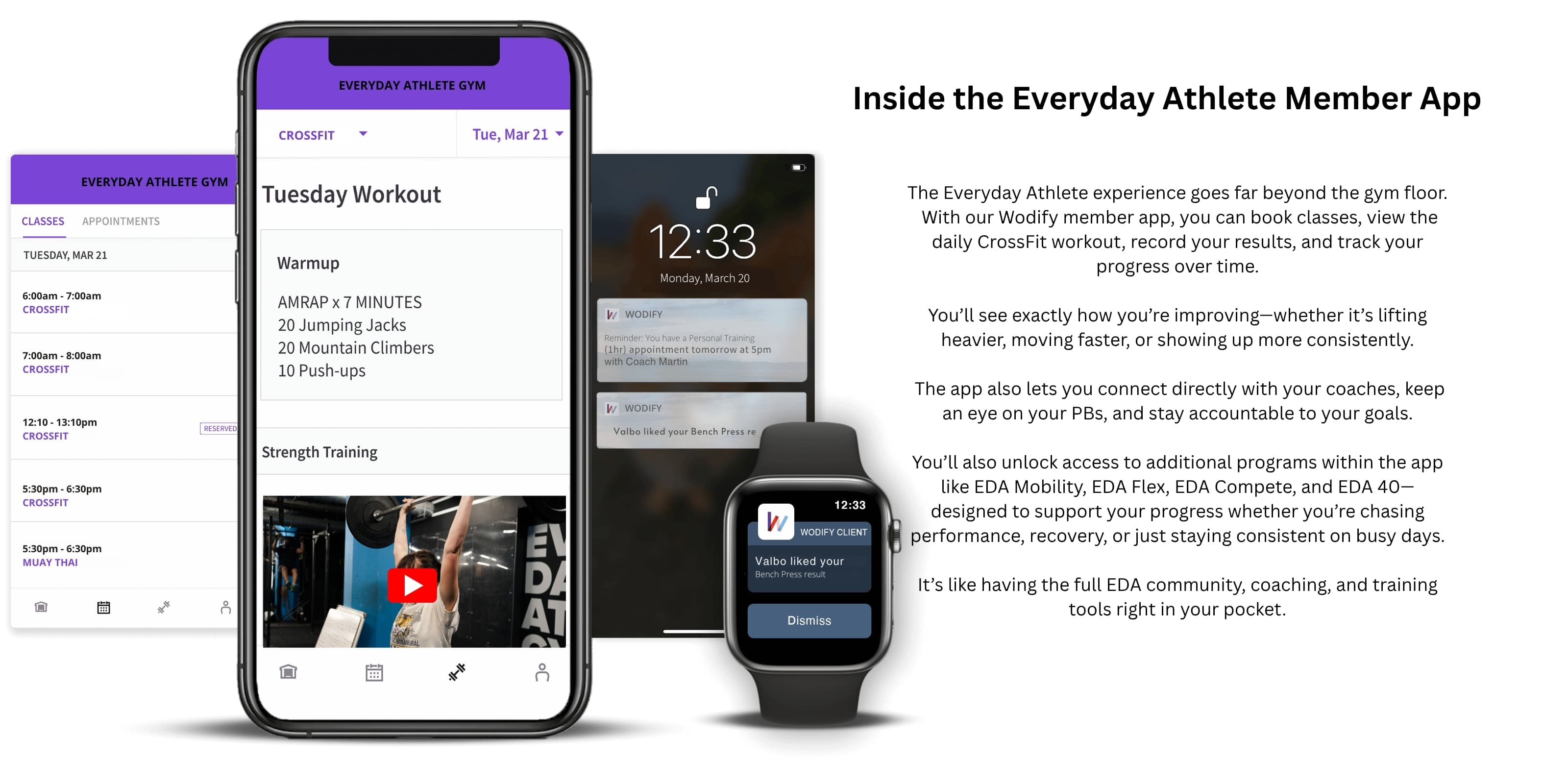 CrossFit Glasgow – Everyday Athlete Gym’s Wodify member app displayed on a smartphone, showcasing class bookings, workout tracking, and real-time progress analytics, highlighting the full member experience.